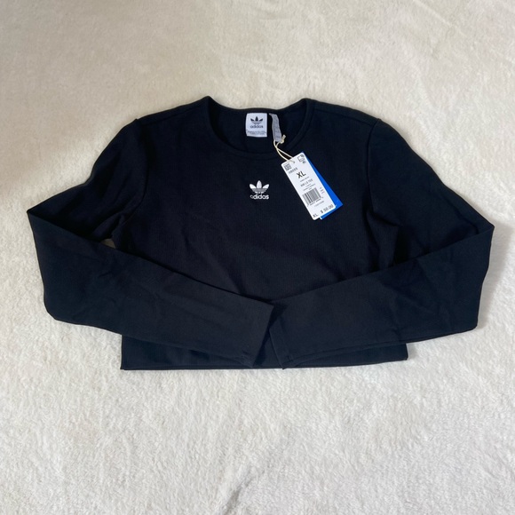 Adidas Originals Womens Size XL Black Ribbed Long Sleeve Crop T Shirt Trefoil - Picture 1 of 3